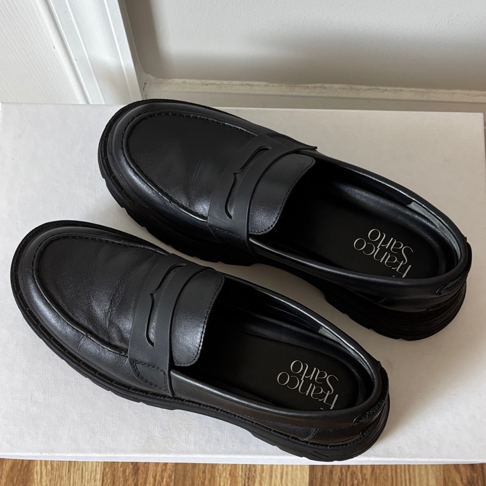 Franco Sarto Black Leather Penny Loafers with Lug Sole